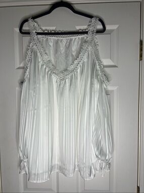 Women's White Lace-Trim Satin off shoulder blouse..